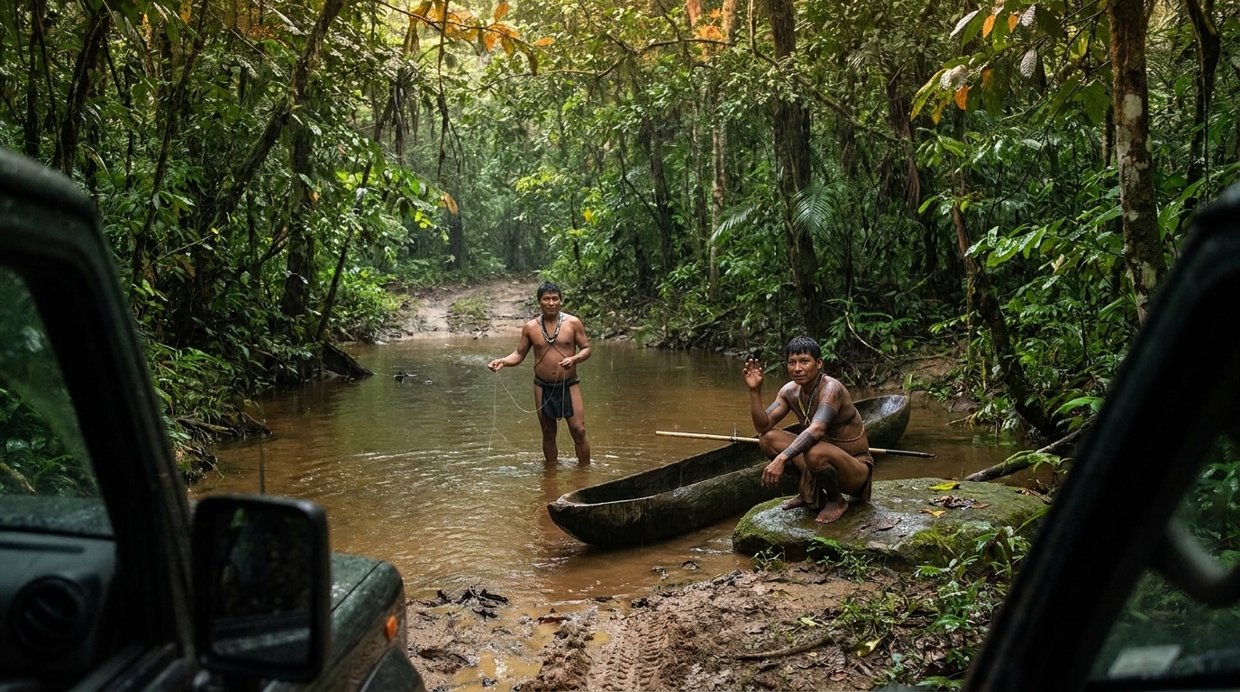 Visto desde la ventanilla del camión: dos hombres Emberá en el arroyo: uno parado en el agua marrón hasta las rodillas sosteniendo un hilo de pescar, el otro agachado junto a una canoa oscura sobre una roca plana, levantando una mano hacia el camión. Marcas geométricas de jagua cubren los brazos y el torso del segundo hombre. El dosel del bosque se cierra en lo alto, y el sendero del arroyo continúa adelante a través de un verde intenso.