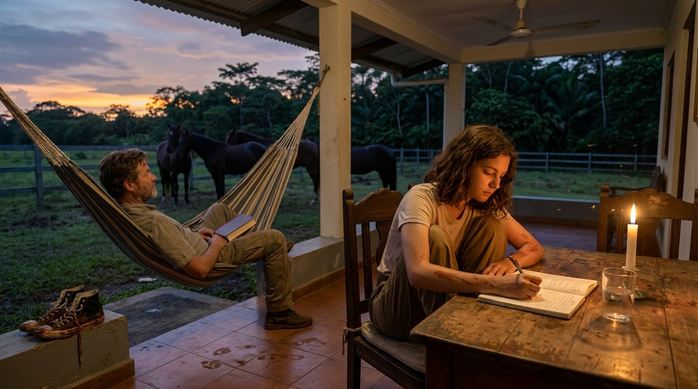 La terraza de la finca al anochecer: Sophie sentada a la mesa de madera escribiendo en su cuaderno a la luz de las velas, con unas Converse cubiertas de barro abandonadas en el suelo a su lado. Papá en la hamaca de la izquierda, con un libro sobre el pecho, sin leer, mirando el pasto donde dos caballos oscuros están parados en la valla del fondo. El cielo detrás de la línea de árboles es de color naranja que se desvanece a violeta.