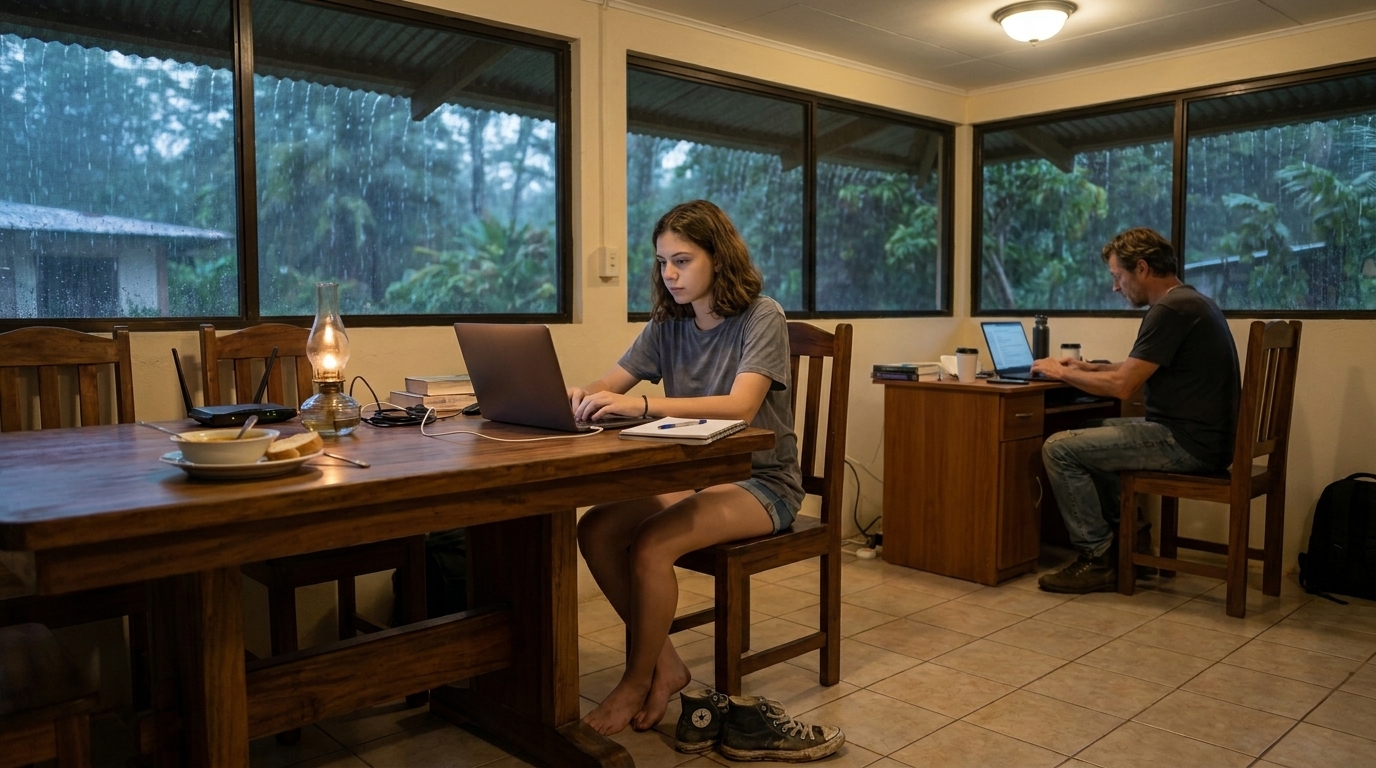 Sophie at the heavy wooden table inside the finca, laptop open, notebook beside it, a half-eaten plate pushed to one side. The windows are dark with rain sheeting down the glass. Stefan works at a desk in the corner. One oil lamp, one ceiling light.