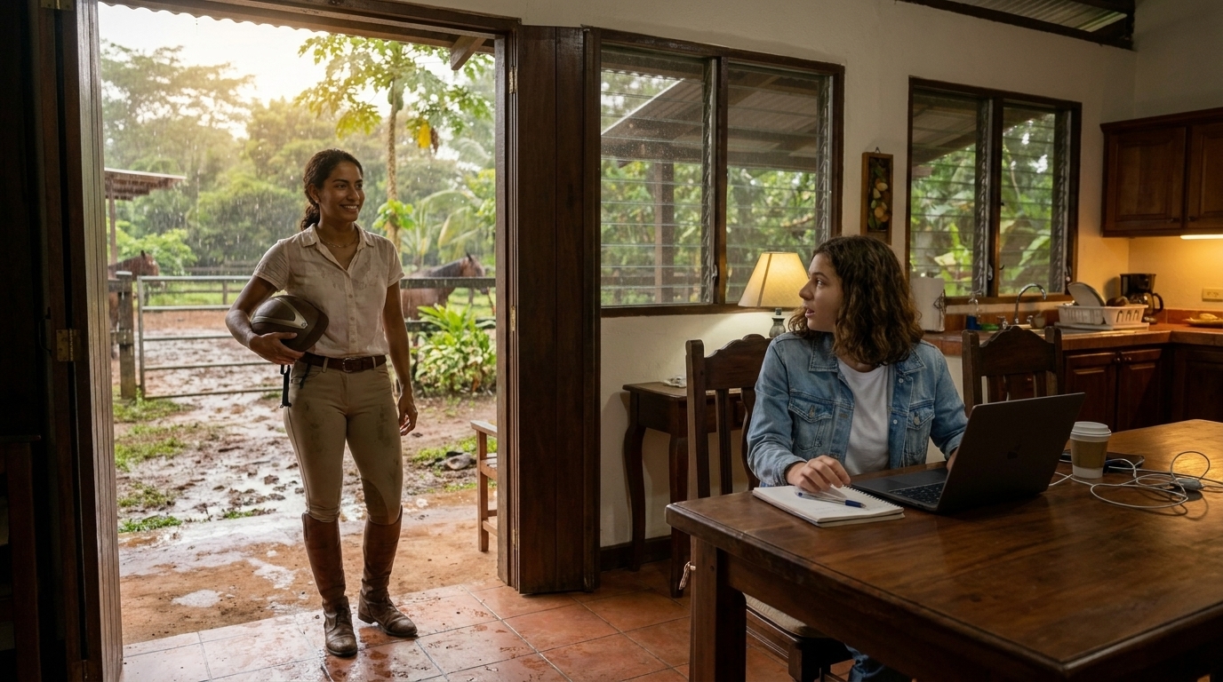 Valentina Sánchez in the doorway of the finca, holding her riding helmet, jodhpurs and a short-sleeved cotton blouse, rain-damp from the paddock. Behind her the rain has lightened to a drizzle, the late afternoon light going golden. Sophie is visible just inside, laptop still open on the table.