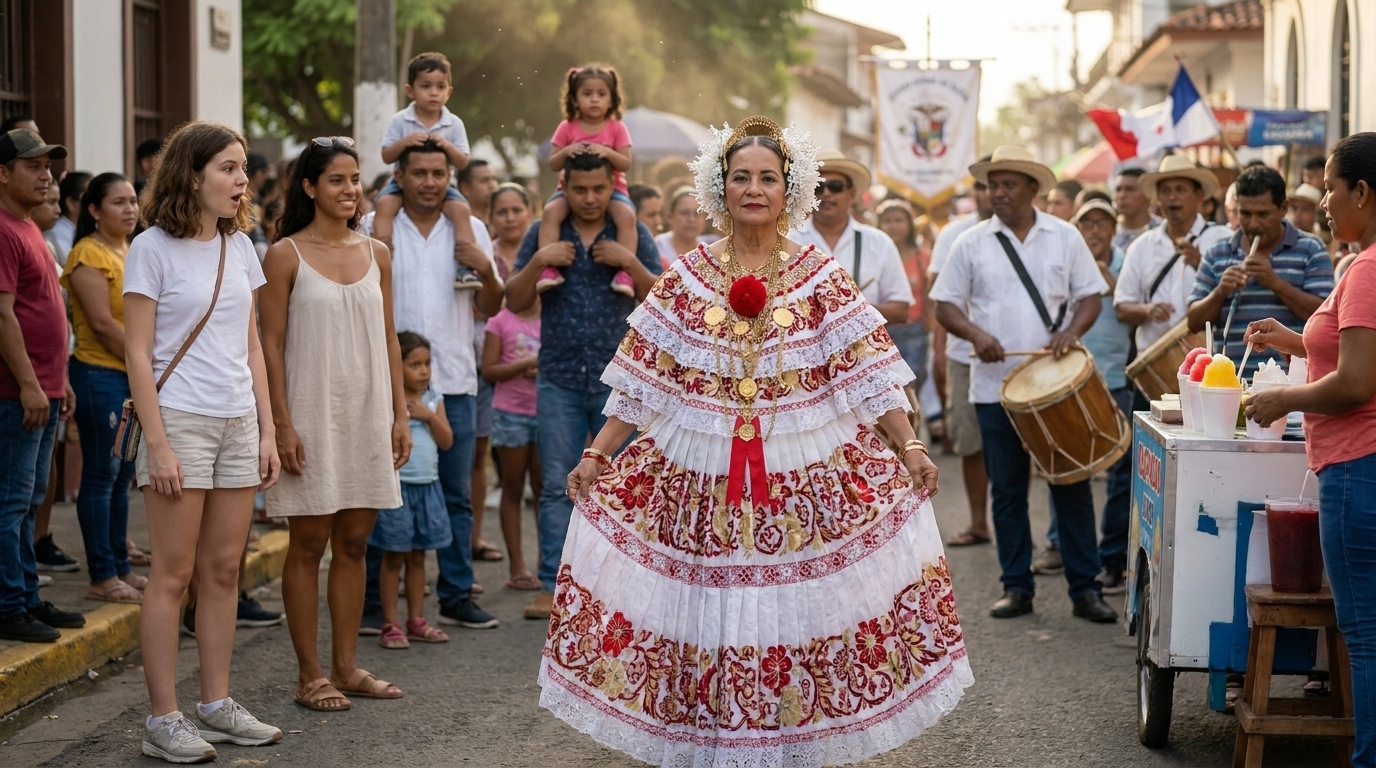 A street in Las Tablas during the festival — a woman in a full traditional pollera, the white dress dense with hand-embroidered flowers in red and gold, a gold tembleque headdress. Sophie is at the edge of the frame, stopped mid-step, staring. Valentina stands slightly behind her, watching Sophie's reaction.