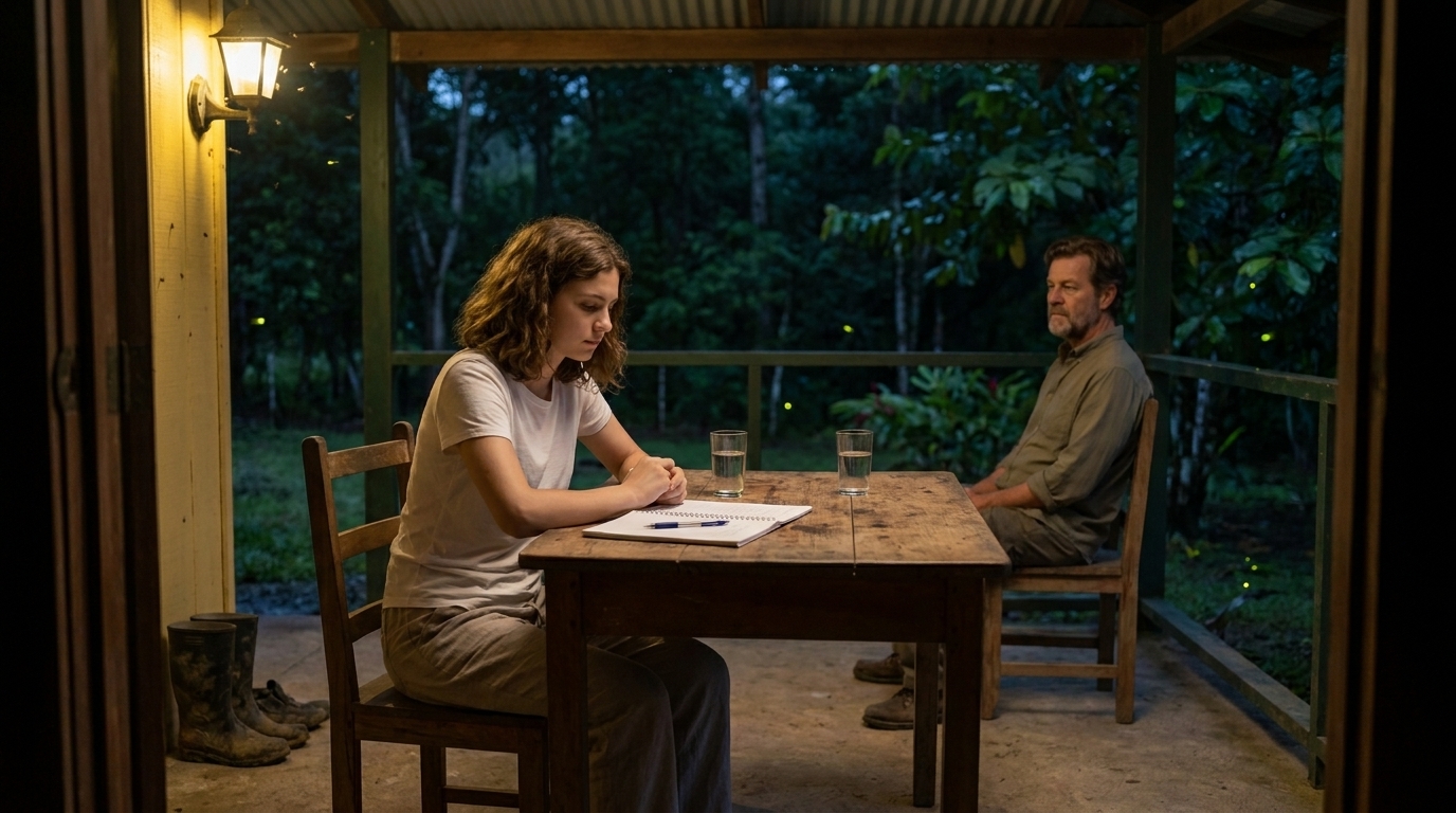 Sophie at the table on the finca terrace in the evening, notebook open, a single candle, the dark forest beyond the fence. Her hand rests on the page. The expression is settled — the face of someone who has finally found the sentence they were looking for.