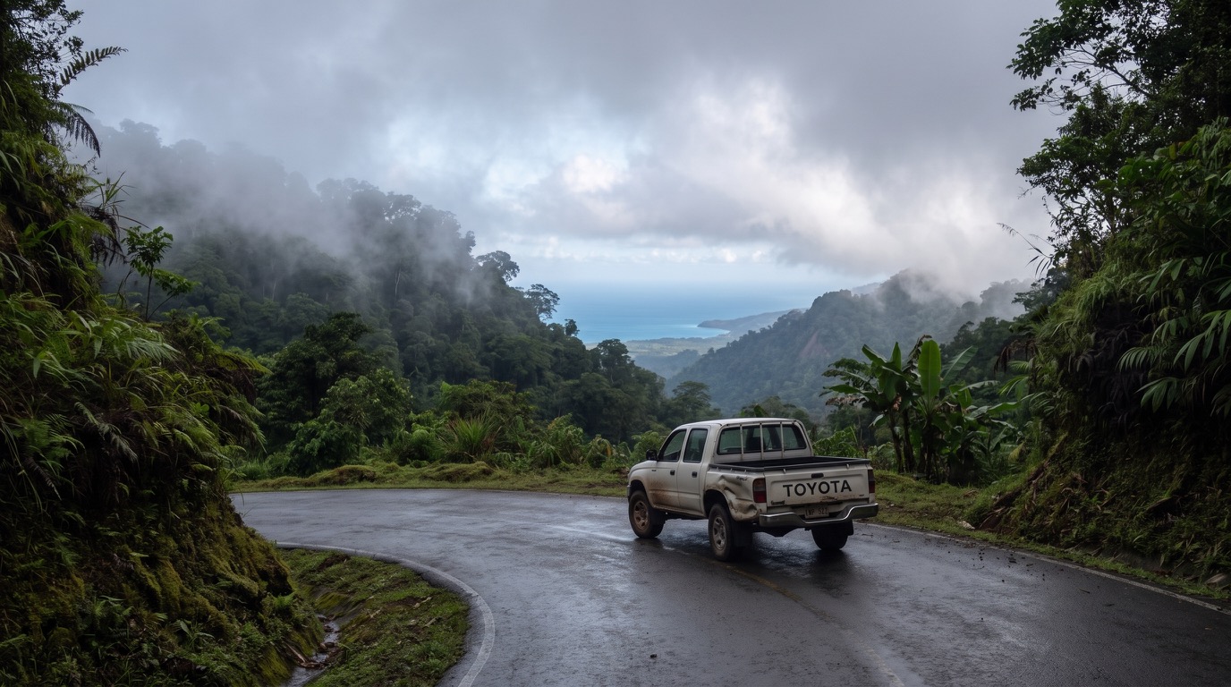 La carretera de montaña hacia Guna Yala con las primeras luces: un Toyota blanco sobre pavimento mojado entre pendientes verdes, con nubes elevándose de los árboles y una franja de azul caribeño debajo.