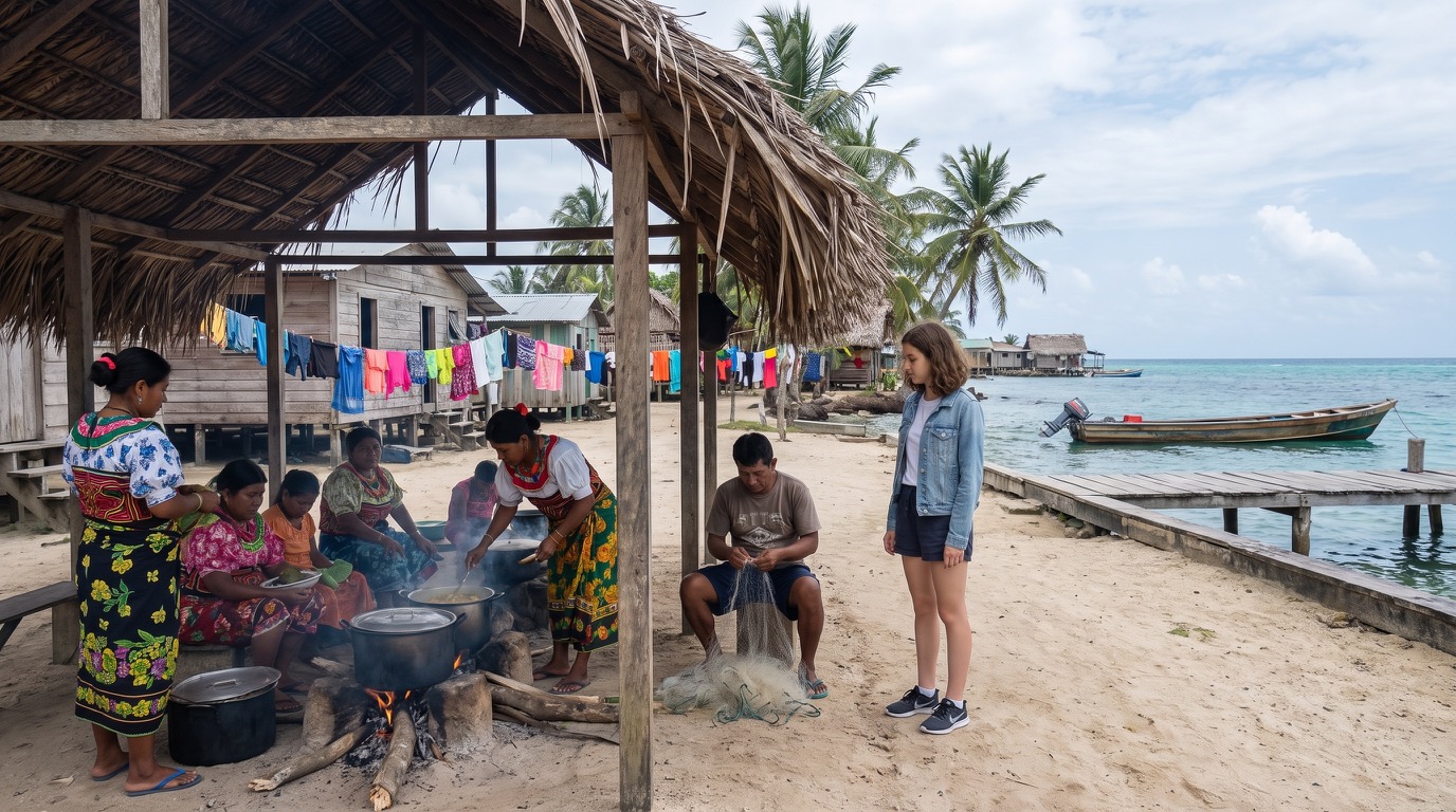 Una pequeña isla Guna a última hora de la mañana: una familia prepara comida bajo un techo abierto mientras Sophie se queda un poco aparte, observando los textiles brillantes, el mar y el lugar desconocido.