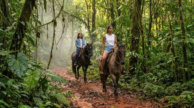 Forest trail on horseback — Valentina leading Sophie along a red-mud jungle track under dense green canopy light.