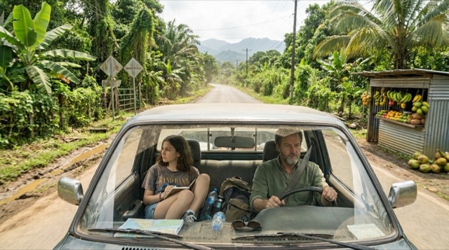 Interamericana east — impossible green swallowing the roadside as Sophie and Stefan drive toward Chepo.