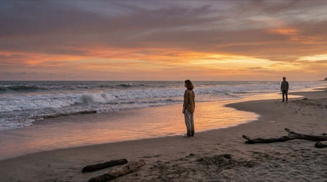 Pacific at sunset — Sophie at the shoreline with Stefan behind her, the beach washed in copper and purple evening light.