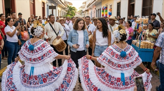 Pollera dancers of Las Tablas — Sophie and Valentina surrounded by embroidered skirts, drummers, and festival crowds in the street.