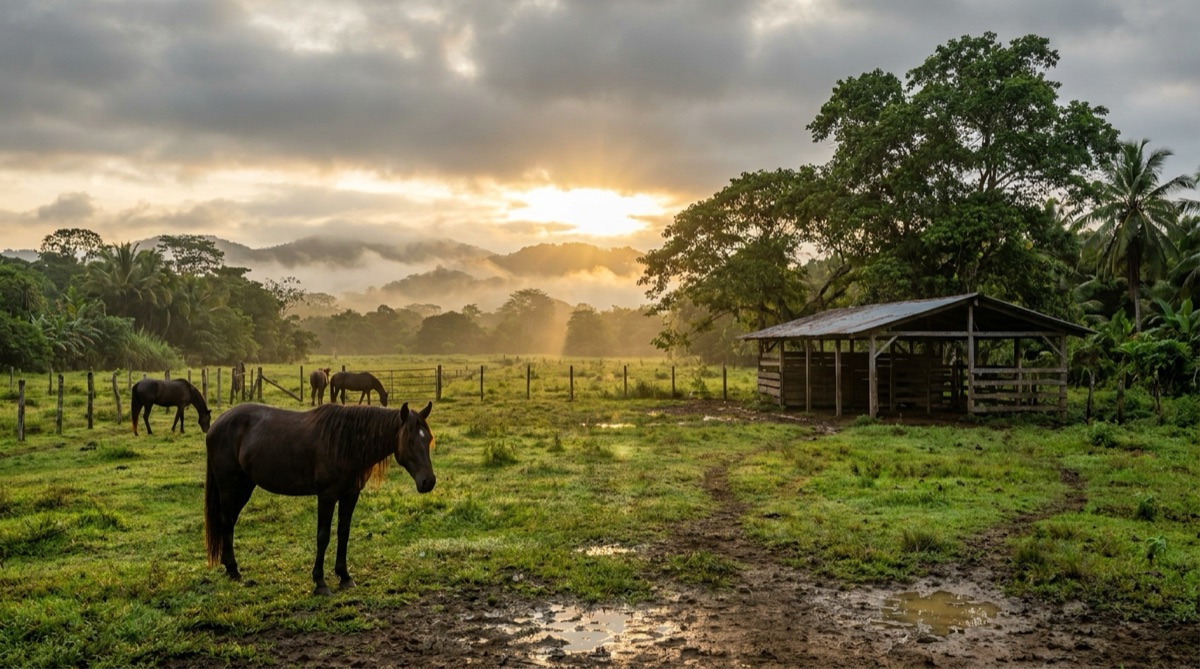 Three horses stand in a muddy pasture at dawn beside an open wooden shelter, with misty hills and dense tropical trees behind them near Chepo, Panama.