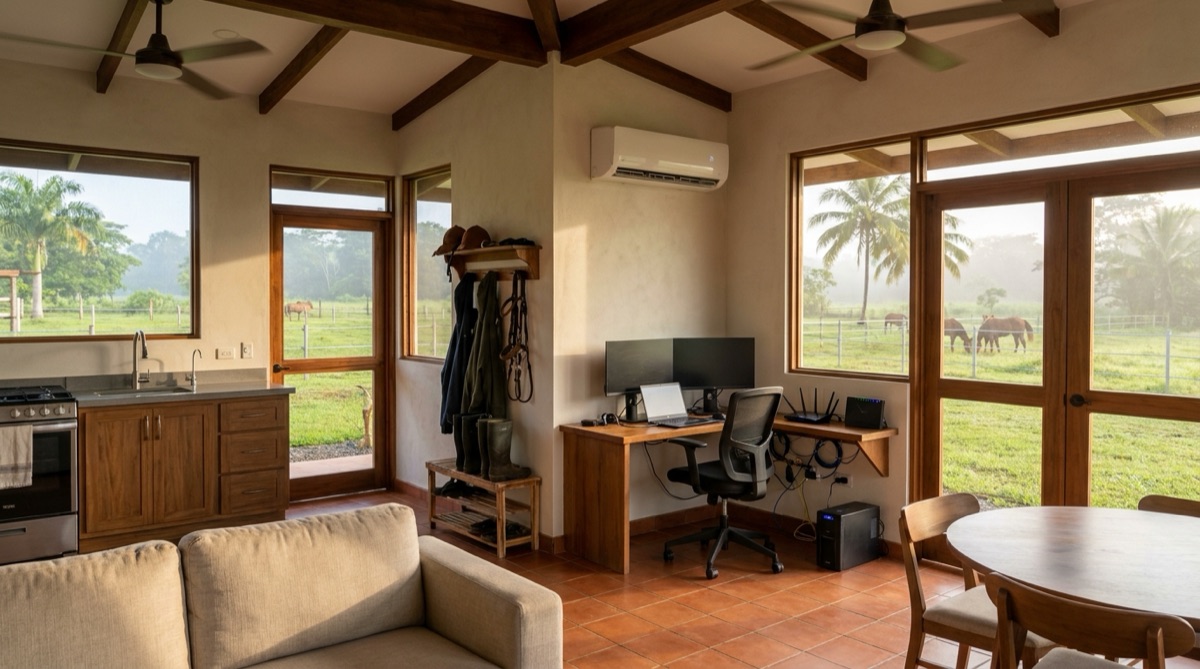 The inside of Stefan's Panamanian house, with a kitchen, wooden furniture, a desk by the window, and horses visible through the glass doors.