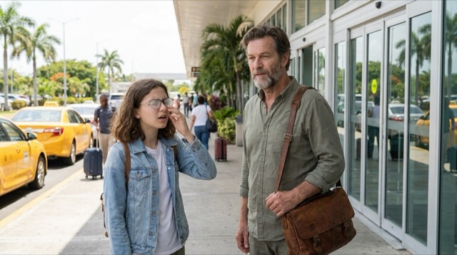Tocumen arrival — Sophie and Stefan meeting the wall of heat, with fogged glasses and the first physical shock of Panama.
