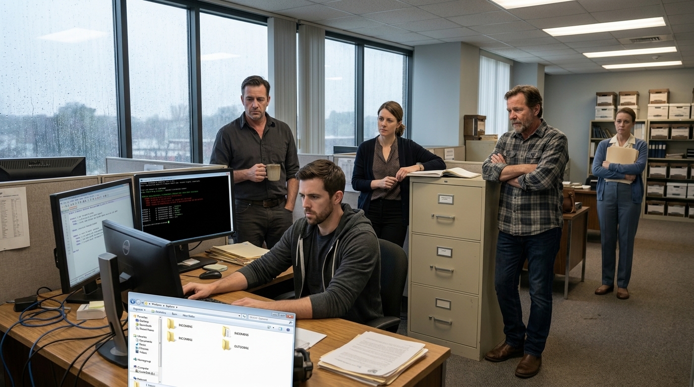 Open-plan office with low cubicle walls and aging monitors. Ethan Carter and Caleb Turner sit side by side at a desk. Ethan: hoodie sleeves pushed up, forearms on the desk, focused on screen. Caleb Turner: late 20s, graphic tee under a flannel shirt, jeans, sneakers, trying to look confident, eyes darting between Ethan and the screen. On the monitor: a text editor with a .feature file open showing Gherkin syntax (Given/When/Then steps), and below it a black terminal window with green and red text. A Windows Explorer window shows two shared folders labeled "INCOMING" and "OUTGOING." Nathan Cole stands behind them holding a coffee cup, watching. Olivia Parker: early 30s, ponytail, cardigan over a blouse, notebook open, leaning against a file cabinet. Ryan Mitchell: early 30s, beard, casual button-down, arms crossed, leaning forward. Linda Pritchard in the background: dark cardigan, binder hugged to her chest, lips pressed flat. Fluorescent lights.