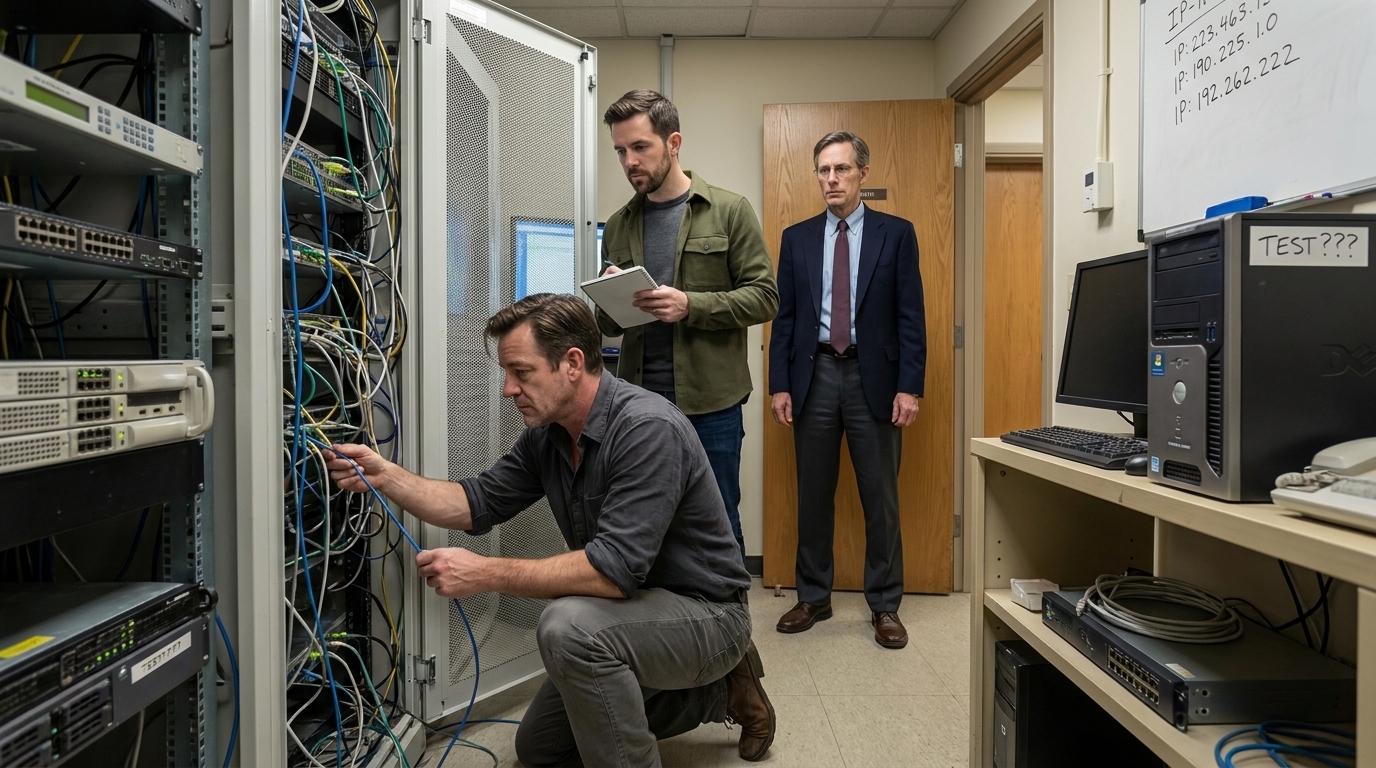 Server room with a half-open rack and a tangle of cables. Nathan Cole kneels on the floor in worn chinos, sleeves rolled up, tracing a network cable through a rats' nest of wiring behind the rack. Ethan Carter stands beside him with a notepad, hoodie zipped up, face lit by a monitor glow. An old Windows Server tower sits on a shelf with a handwritten label: 'TEST???'. A whiteboard nearby shows scribbled IP addresses and passwords crossed out. Derek Lawson's dress shoes and suit pant legs visible in the doorway, his posture rigid and offended by dust. Fluorescent lights, warm humming room.