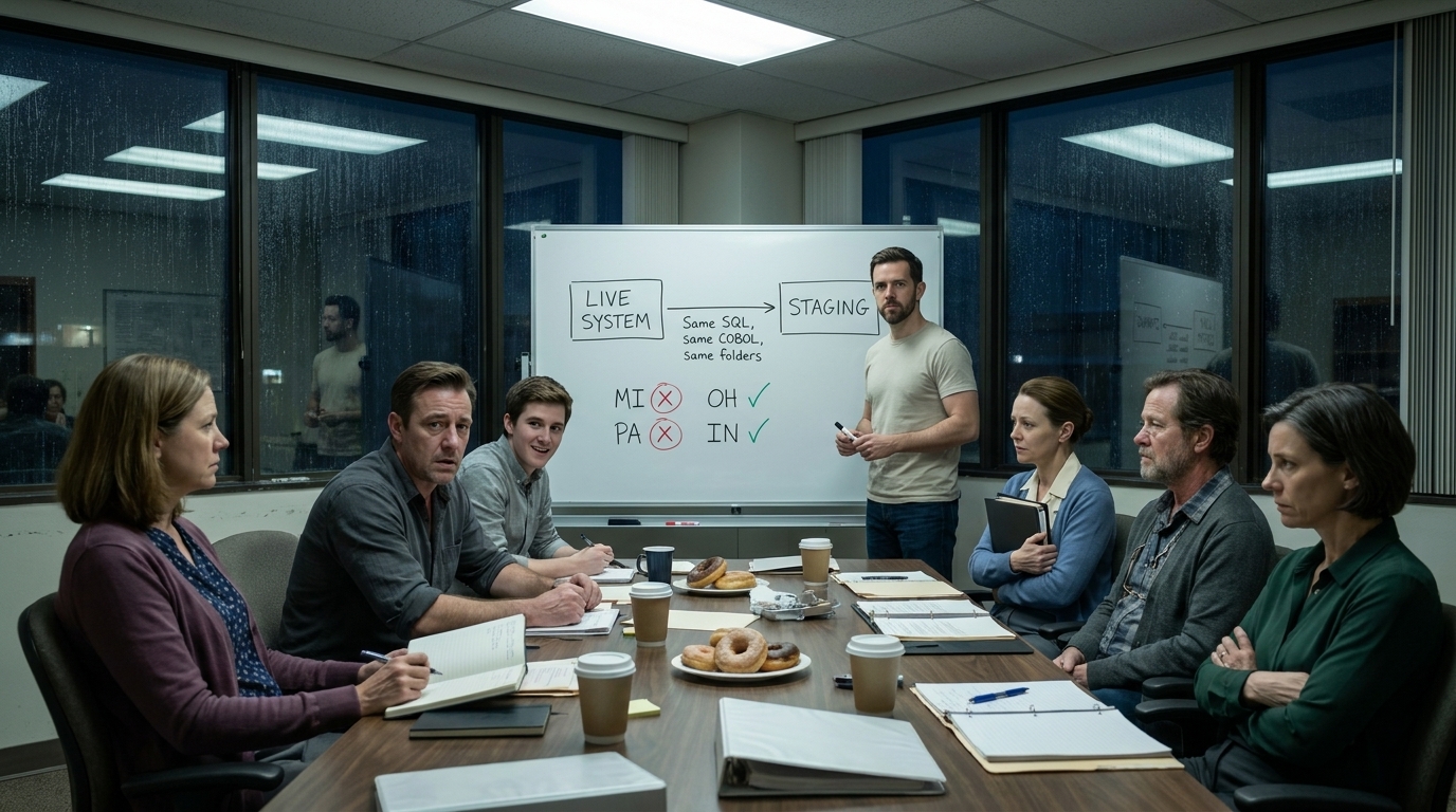 Conference room with a whiteboard showing two boxes drawn in marker: 'LIVE SYSTEM' and 'STAGING' with an arrow between them labelled 'Same SQL, same COBOL, same folders'. Below the boxes, a list: 'MI ✗  OH ✓  PA ✗  IN ✓' with the failures circled in red. Ethan Carter stands by the whiteboard in a t-shirt, marker in hand. Nathan Cole sits forward in his chair, elbows on table, eyes wide despite exhaustion. Caleb Turner is grinning. Olivia Parker has her notebook open. Ryan Mitchell watches the whiteboard, half-smiling. Linda Pritchard sits stiffly with her binder, Sharon Mills beside her with glasses on a chain, Donna Reeves with a notebook clenched tight. Stale donuts on the table. Dark outside.