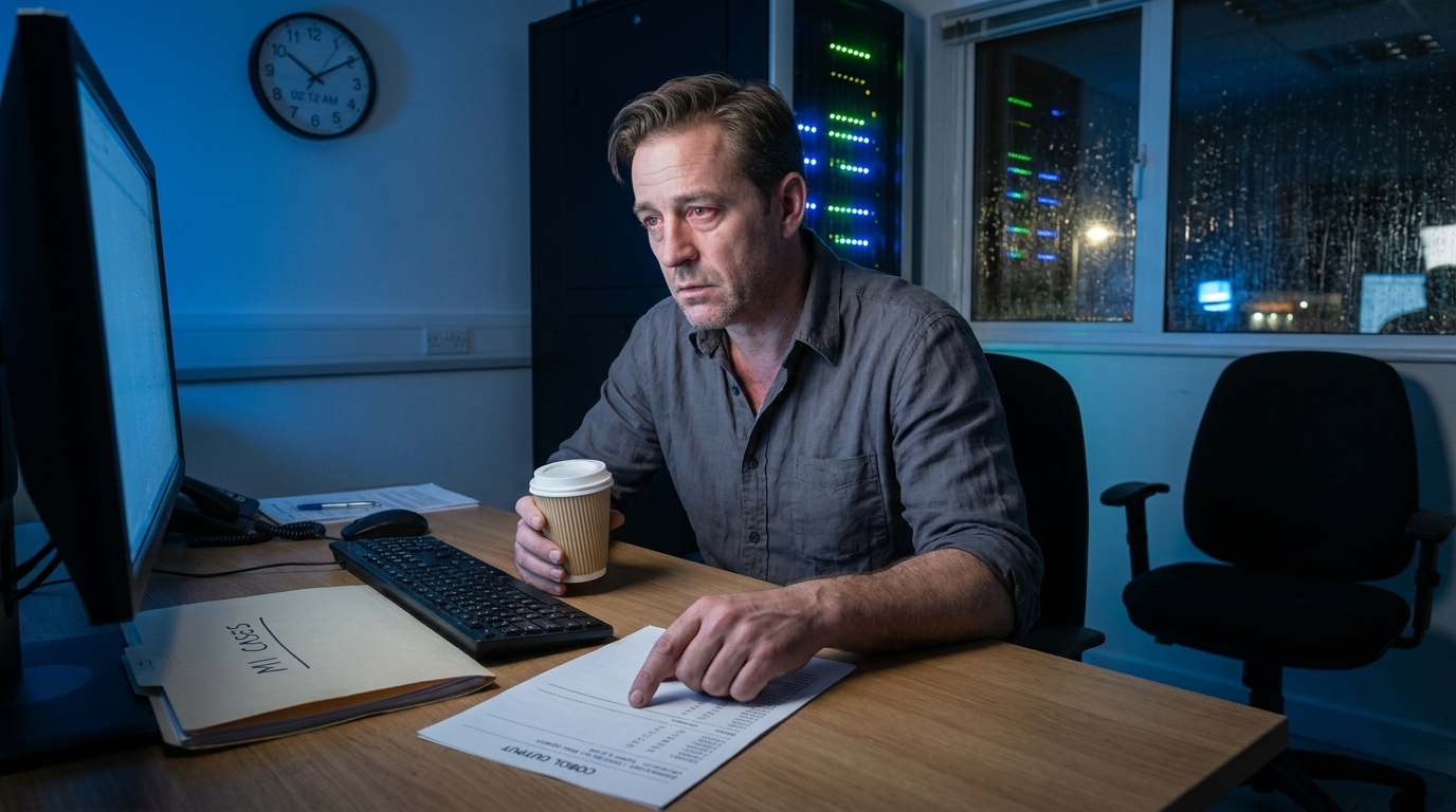 Late-night office, Nathan Cole alone at his desk lit by monitor glow. A printed COBOL output report is laid out on the desk with highlighted rows. Nathan Cole: eyes red from fatigue, coffee cup in hand, one finger tracing a line item on the report. A manila folder with handwritten label 'MI CASES' sits open beside his keyboard. Wall clock shows 02:12. Outside: streetlights on wet pavement, rain still falling. The hum of servers in the background. The chair beside Nathan's desk is empty.