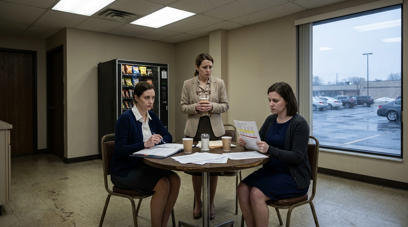 Break room with a humming vending machine and a small round table. Linda Pritchard: dark cardigan, skirt, sensible flats, binder open, pen tapping. Sharon Mills: beige blazer, patterned blouse, glasses on a chain, hands wrapped around a paper cup. Donna Reeves: navy dress, cardigan, clutching a printed Cucumber output report with highlighted FAILED lines, knuckles white. Window shows overcast sky and wet parking lot. Harsh fluorescent lighting.