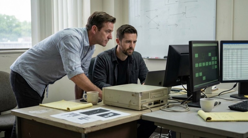 Nathan Cole und Ethan Carter arbeiten an unterschiedlichen Schreibtischen nebeneinander in einem schmalen Entwicklungsbüro in Ohio. Der alte Micro-Focus-Rechner und zwei abstrakte Testbildschirme werden vom kühlen Leuchten der Terminals und einer mühsamen Morgensonne beleuchtet.