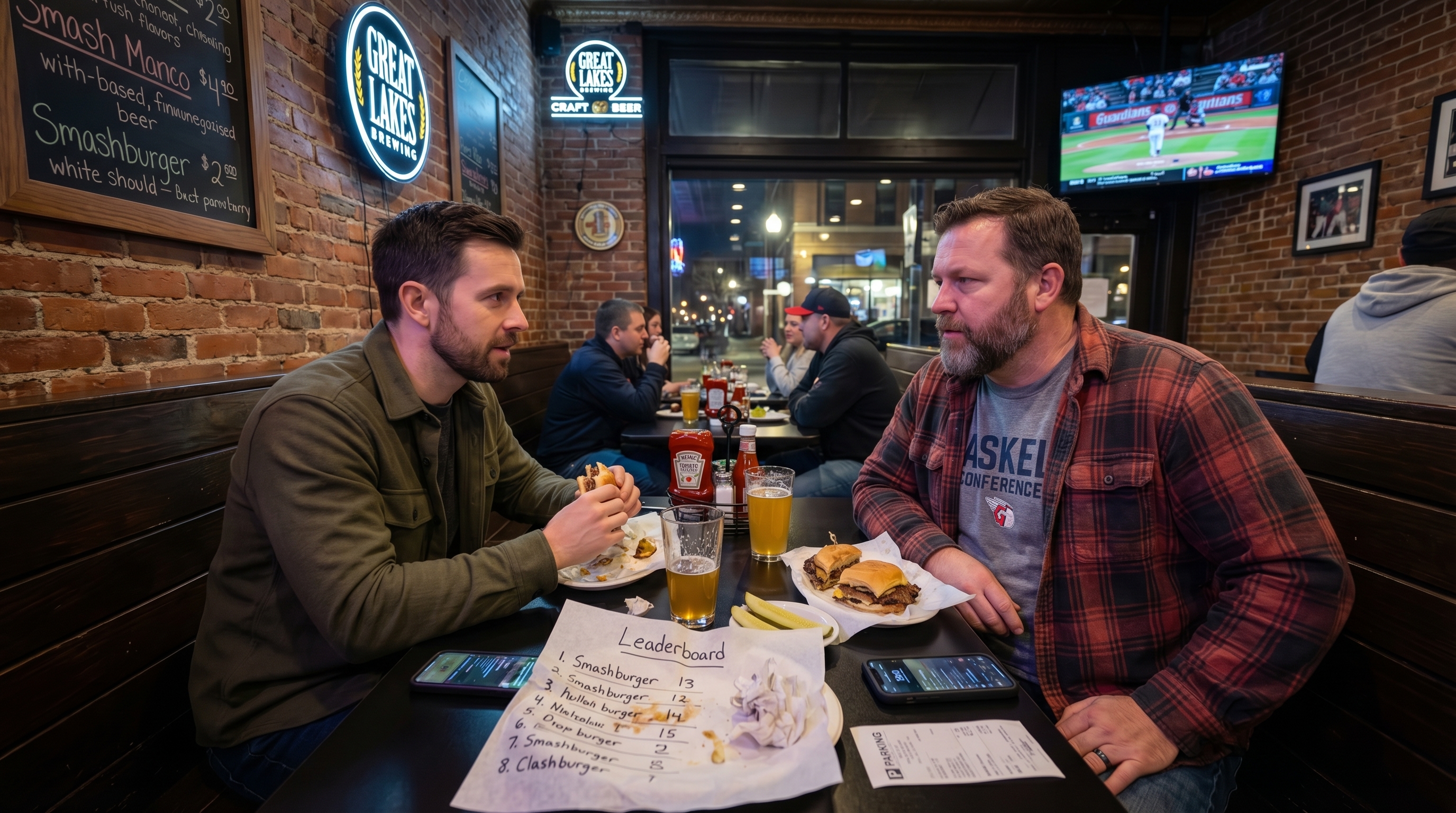 A dimly lit burger bar in Cleveland's old German neighborhood, exposed brick walls, dark wood booths, neon beer signs, and a chalkboard menu. Ethan Carter sits across from a stocky bearded man in his late 40s wearing a faded flannel shirt over a Haskell conference tee, both with half-finished craft beers and smashed-burger baskets. On the table: phone screens, a napkin with a scrawled leaderboard tally, ketchup, pickle spears, and a crumpled parking receipt. A few stools at the bar are occupied by regulars watching a Guardians game on a mounted TV. Warm interior light, street noise from W 65th, 24°C outside.