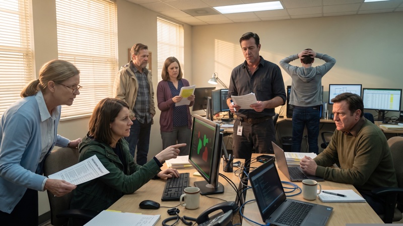 Olivia Parker guides Donna Reeves through test output while the rest of the development room is interrupted by the new workflow.
