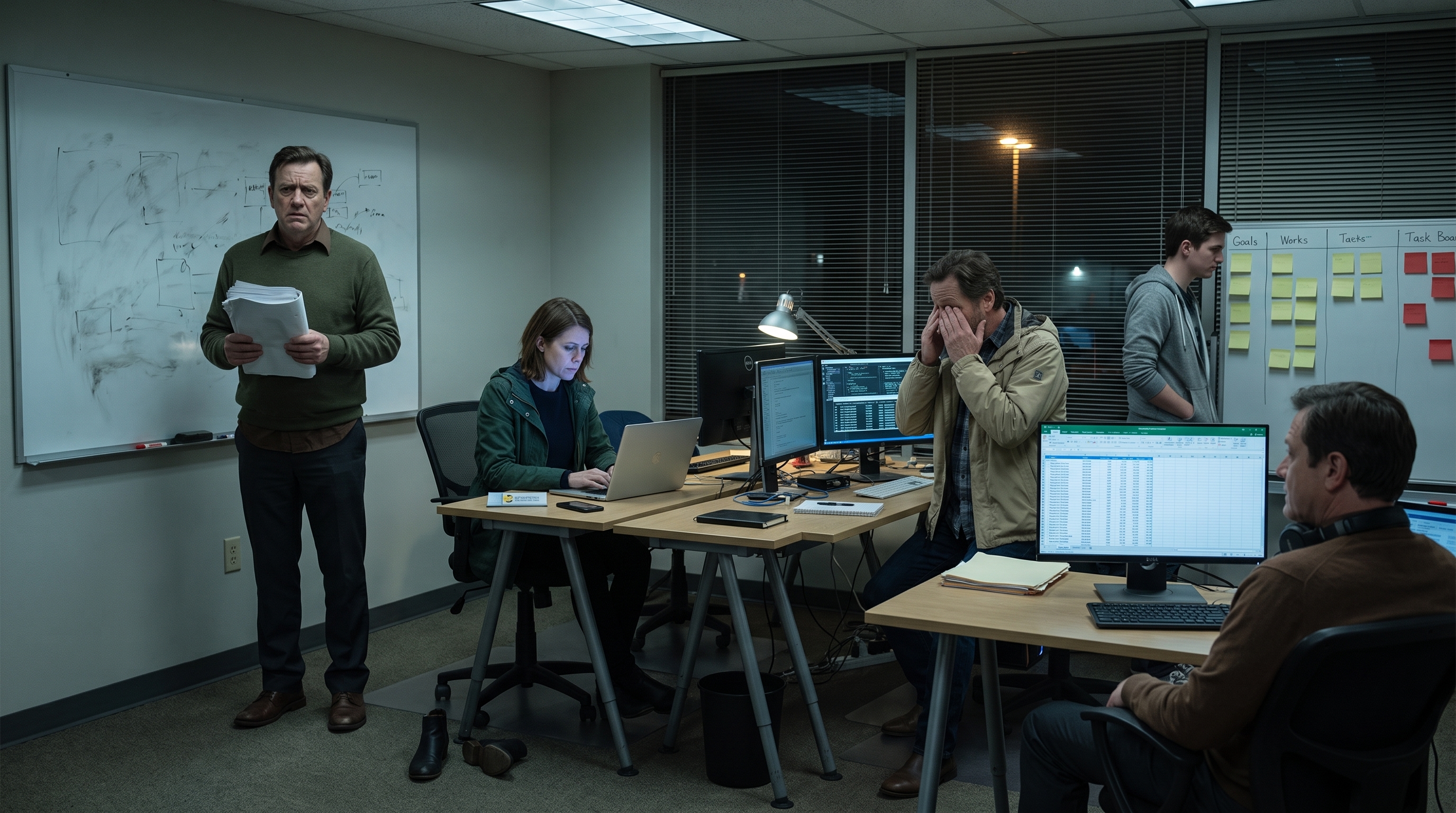 Nathan, Olivia, Ryan, Caleb, and Marcus remain in the development room late at night, surrounded by packets, screens, and escalation notes.