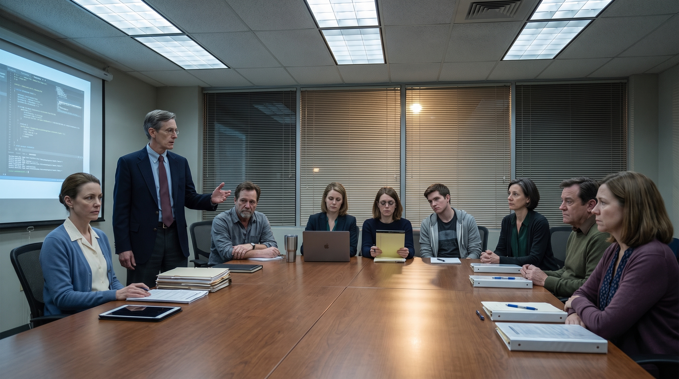 Graham presents new controls to a tense Whitaker Payroll conference room, where binders and tired faces surround the table.