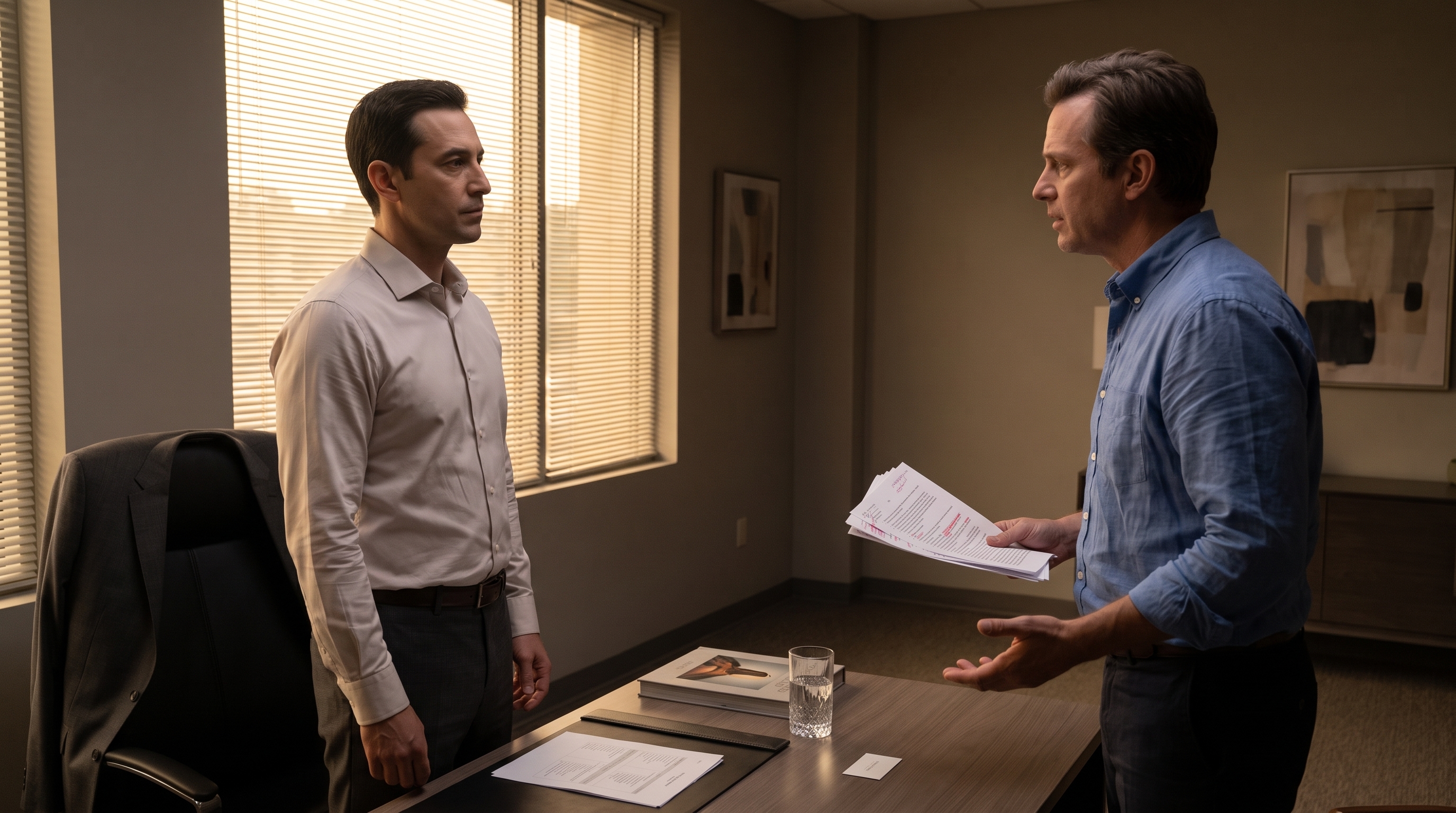 Nathan confronts Graham in a sunlit executive office, holding a marked-up packet between them.