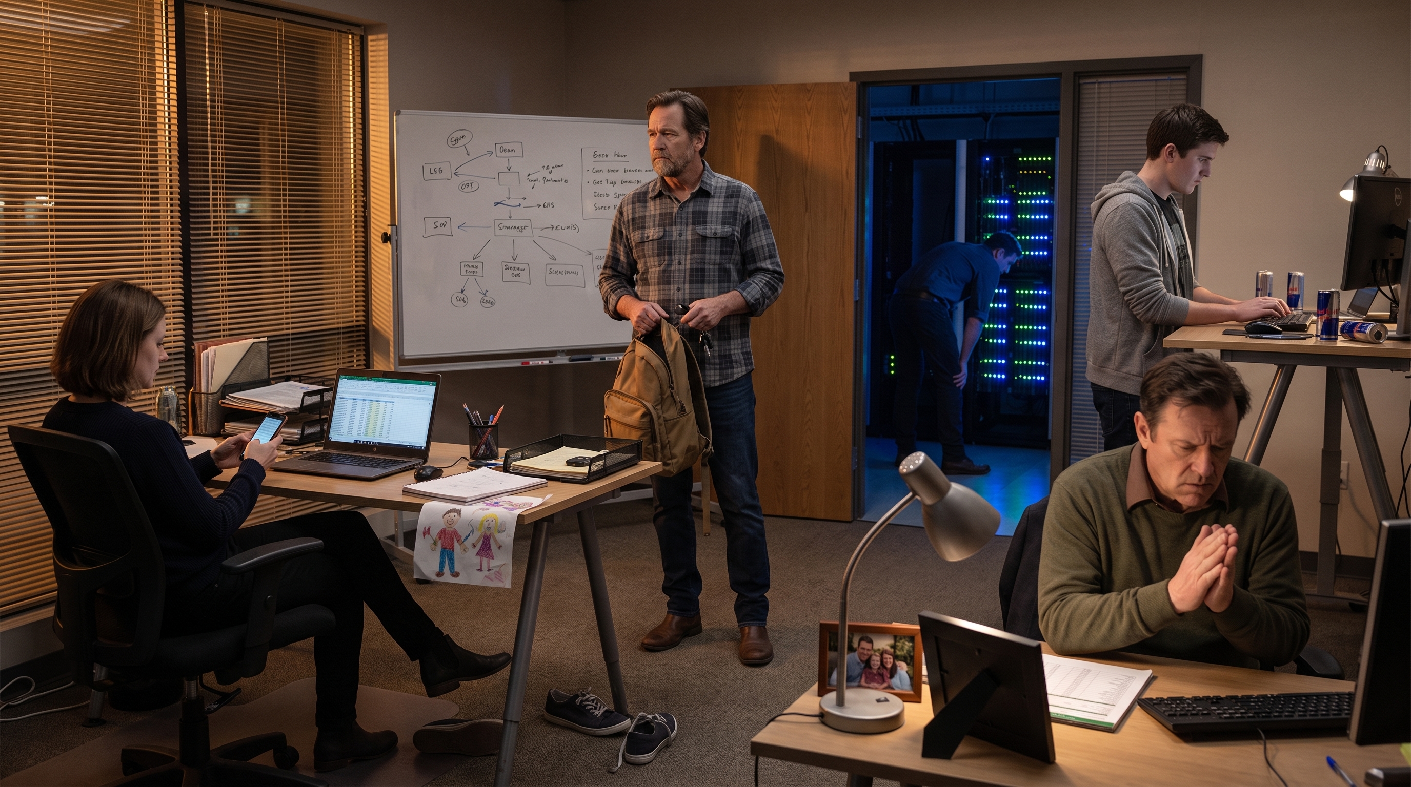 Olivia reads a daycare message as Ryan hesitates with his backpack and the exhausted development room works on into dusk.