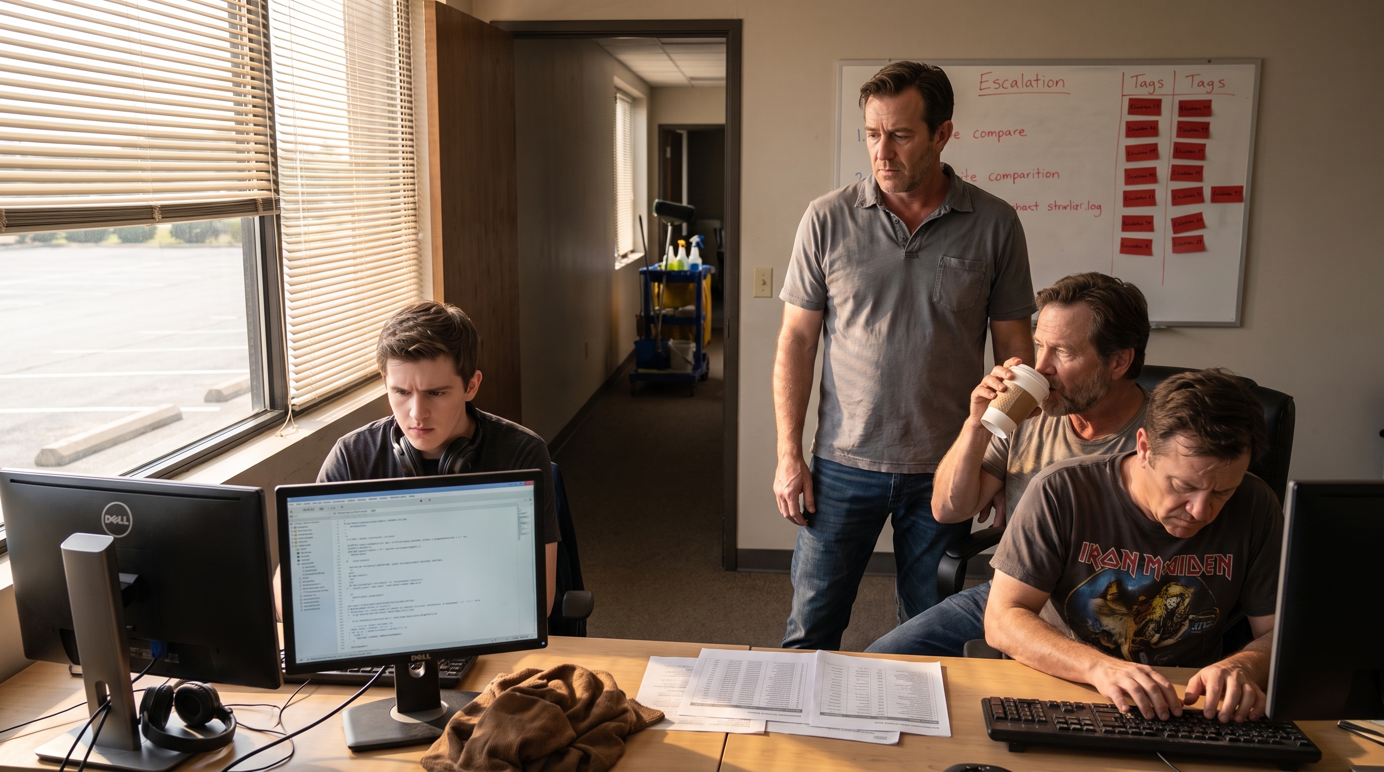 Nathan, Ryan, Marcus, and Caleb spend a summer Saturday working in a mostly empty office under red escalation tags.