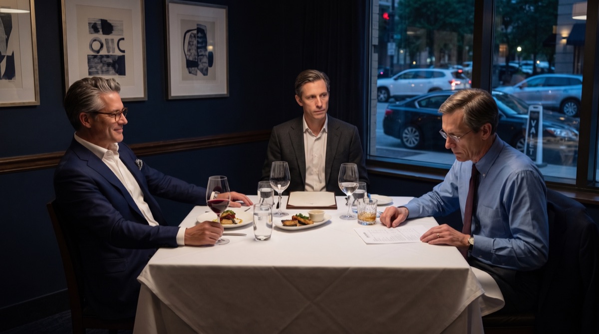 Preston Hale, Graham Whitaker und Derek Lawson rationalisieren das Versagen des Unternehmens beim Abendessen in einem noblen Restaurant in Cleveland.