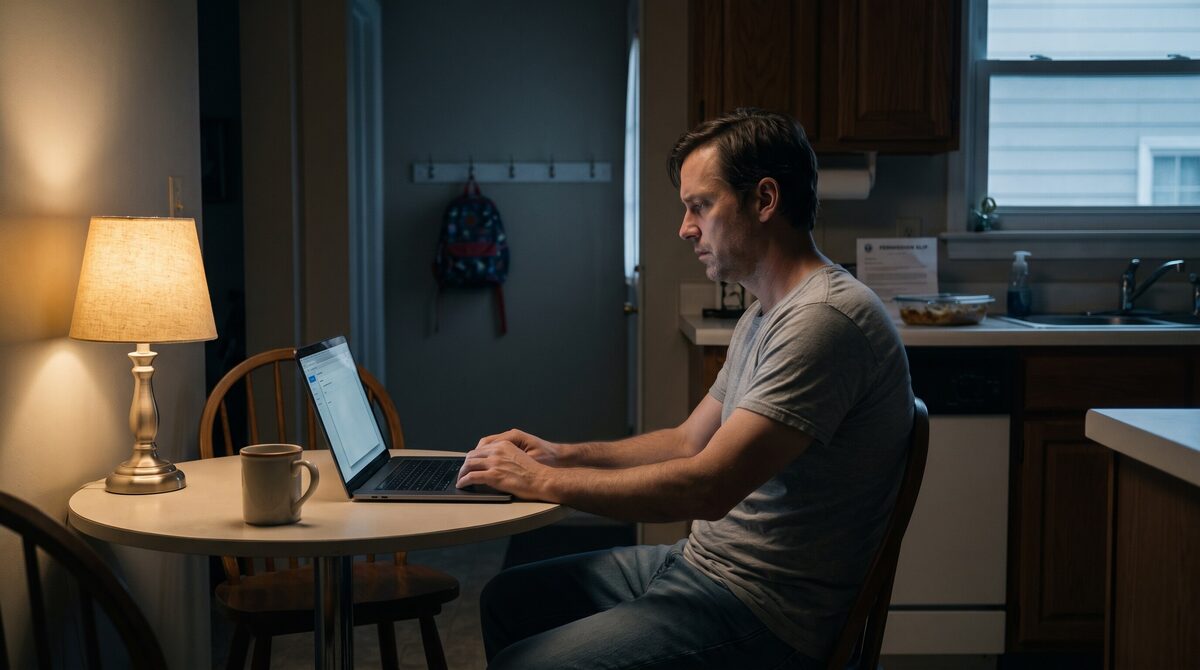 Nathan Cole se sienta solo en la mesa de la cocina antes del amanecer, con el portátil, el café intacto, una mochila infantil y un permiso esperando.