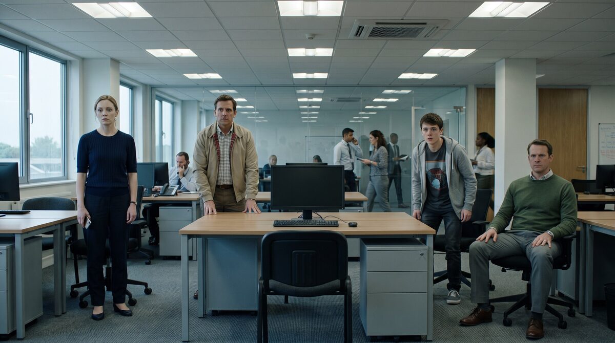 Olivia, Ryan, Caleb y Marcus se enfrentan al escritorio vacío de Nathan mientras la vida normal de la oficina continúa tras la pared de cristal.
