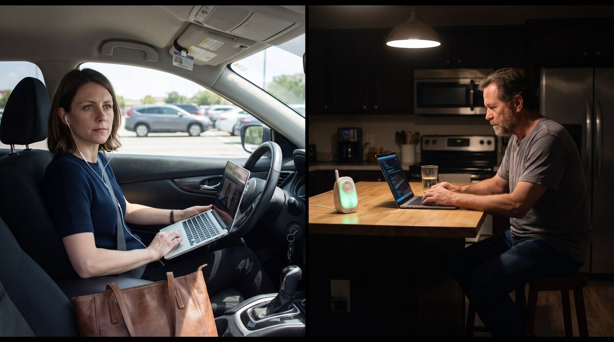 Dos escenas paralelas muestran a Olivia Parker entrevistándose desde su coche aparcado y a Ryan Mitchell completando una prueba de código en la cocina después de acostar a los niños.