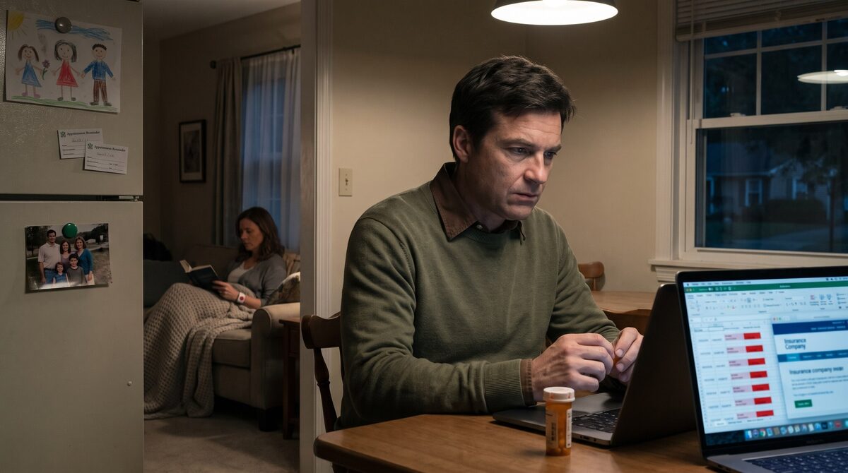 Marcus Doyle estudia el portátil y un frasco de medicamentos en la mesa de la cocina mientras su esposa lee bajo una manta en la habitación contigua.