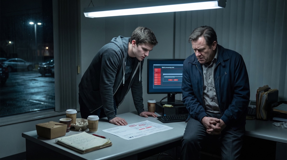 Caleb Turner y Marcus Doyle trabajan en el oscuro cuarto de desarrollo de Whitaker Payroll para resolver un batch nocturno fallido.