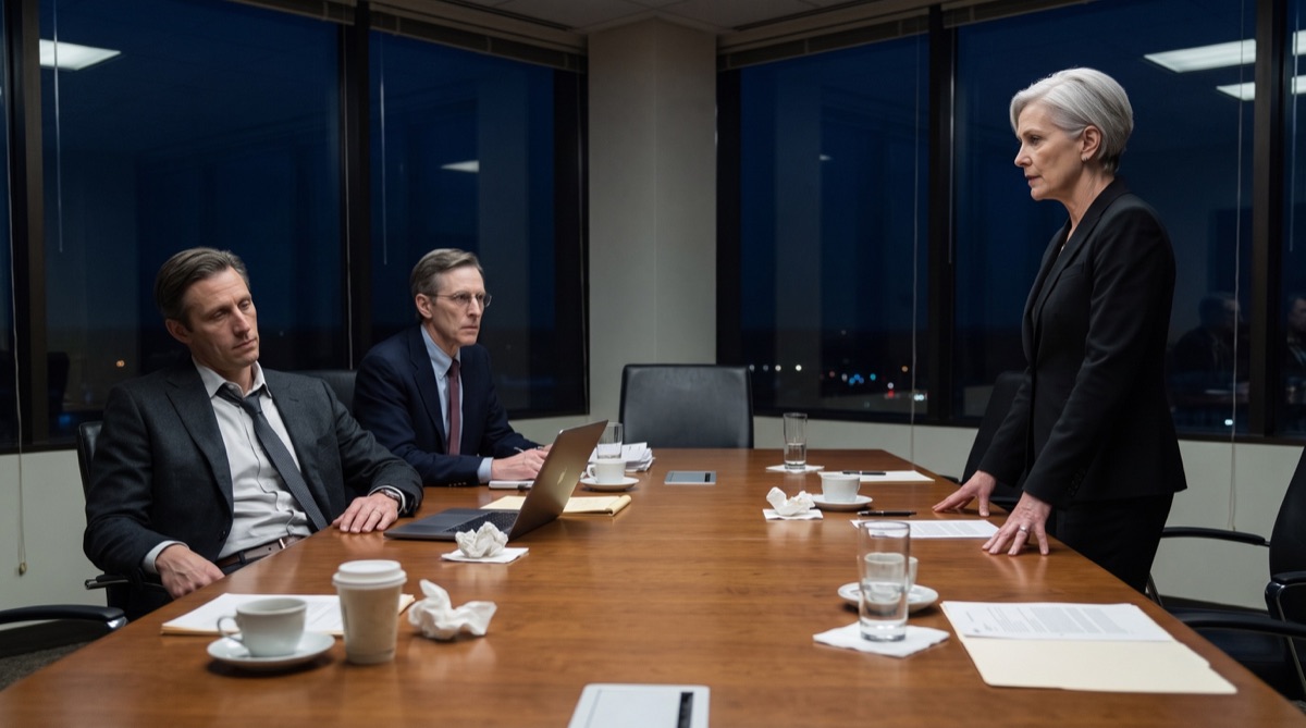 Graham Whitaker y Derek Lawson se enfrentan a una abogada externa en una sala de reuniones iluminada con dureza después del anochecer.