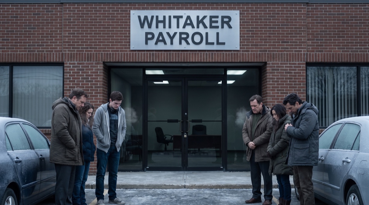 Caleb Turner, Marcus Doyle y antiguos empleados se enfrentan a las oscuras puertas cerradas de Whitaker Payroll un lunes por la mañana.