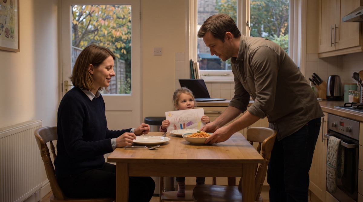 Olivia Parker teilt ein frühabendliches Familienessen mit Maya und Seth in ihrer warmen, gewöhnlichen Küche.