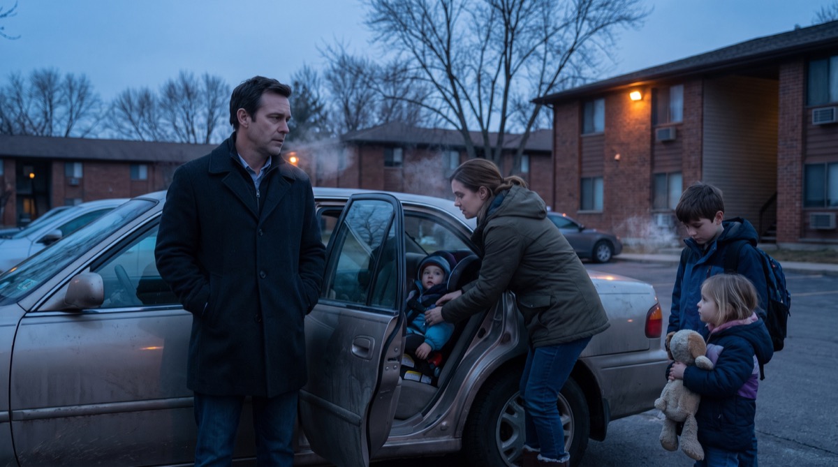 Nathan Cole wartet ruhig neben einer Limousine, während Claire ihre Kinder für eine Übergabe in der kalten Dämmerung einrichtet.