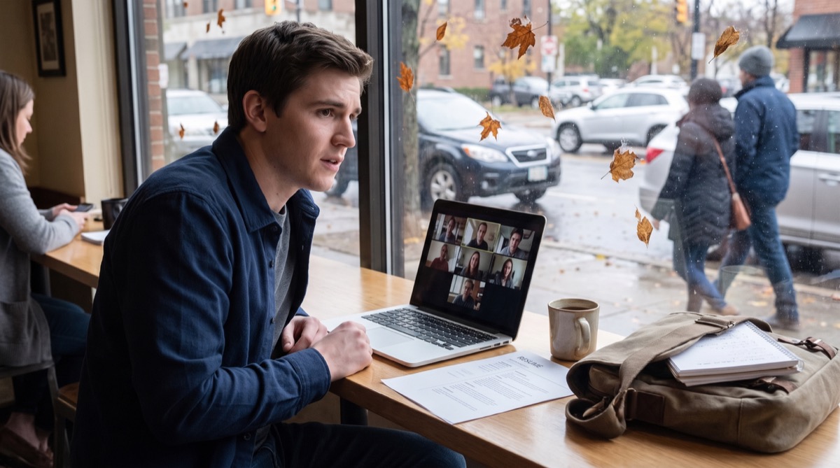 Caleb Turner nimmt an einem Remote-Vorstellungsgespräch in einem Café teil, mit seinem Lebenslauf, Kaffee und Nathans Notizbuch in der Nähe.