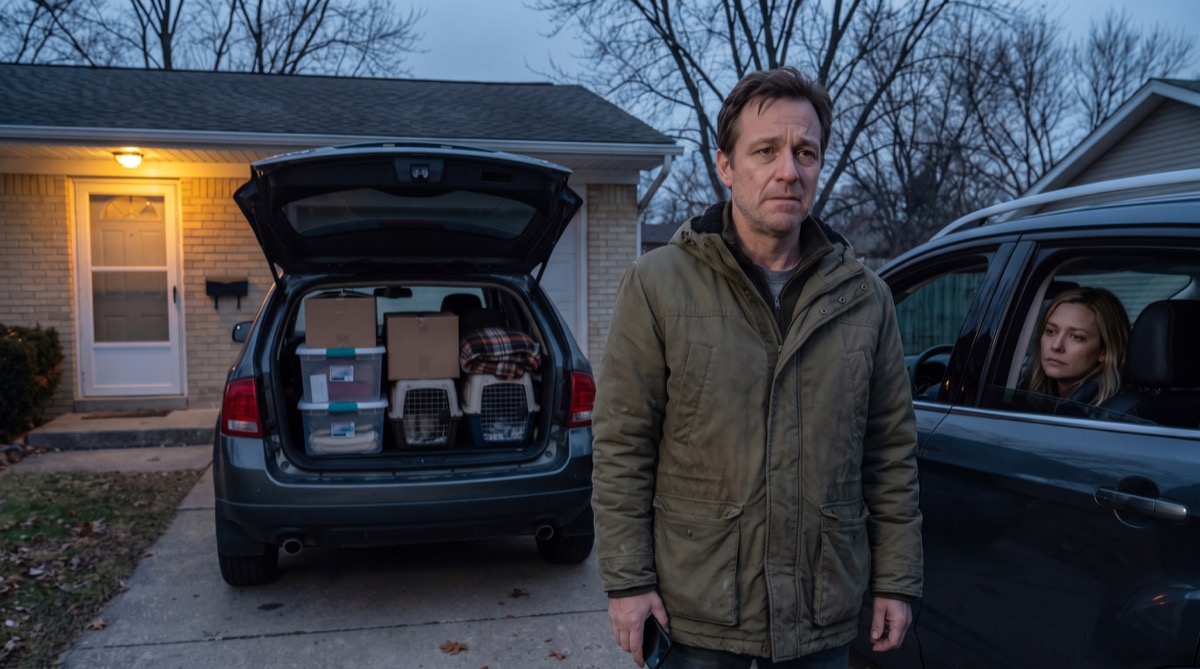 Marcus Doyle steht neben einem vollgepackten SUV vor Beths Elternhaus, während Beth in der Abenddämmerung auf dem Beifahrersitz wartet.