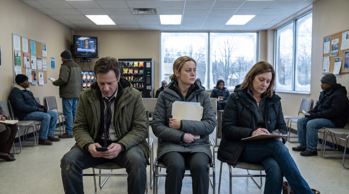 Melissa, Rob und Teresa warten an einem kalten Januarmorgen mit ihren Unterlagen in der Arbeitsagentur des Bezirks.