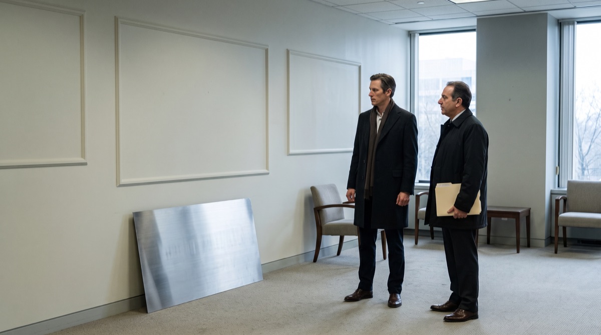 Graham Whitaker und Makler Artie Levin betrachten die fast leere Eingangshalle von Whitaker Payroll.