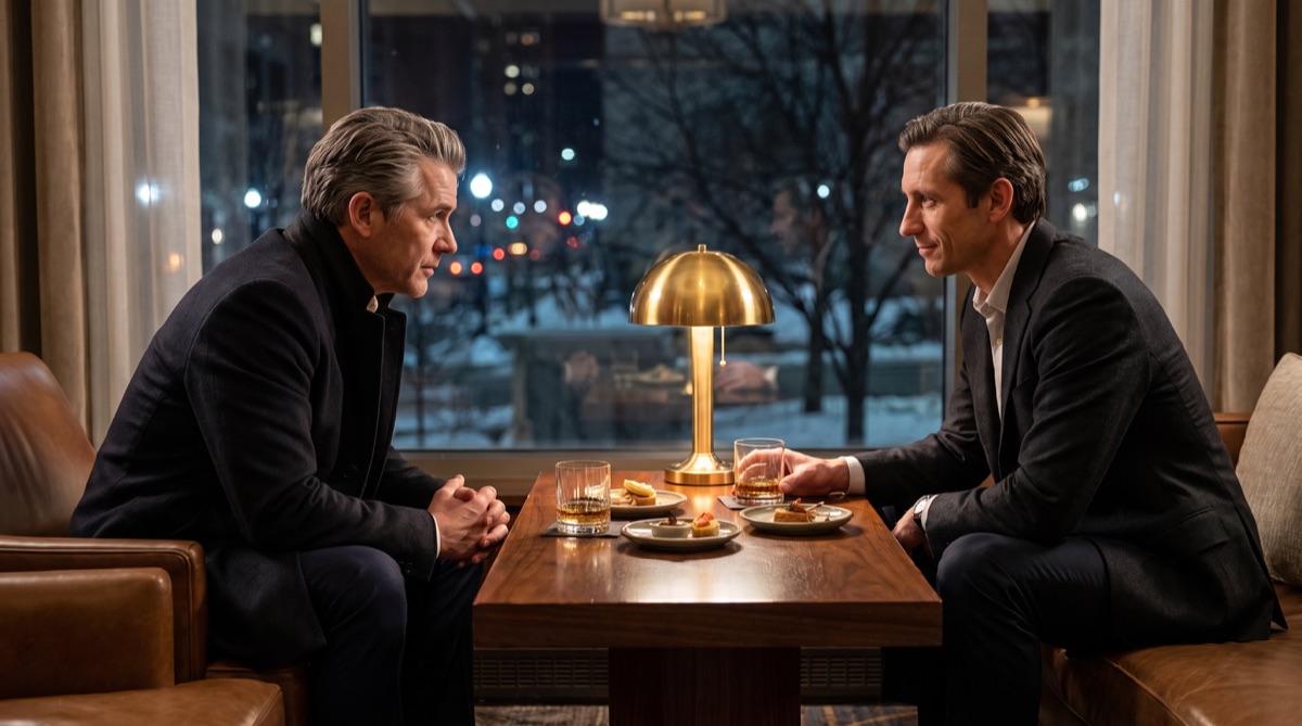 Graham Whitaker und Preston Hale sprechen bei Whiskey in einer ruhigen Hotelbar in Cleveland.
