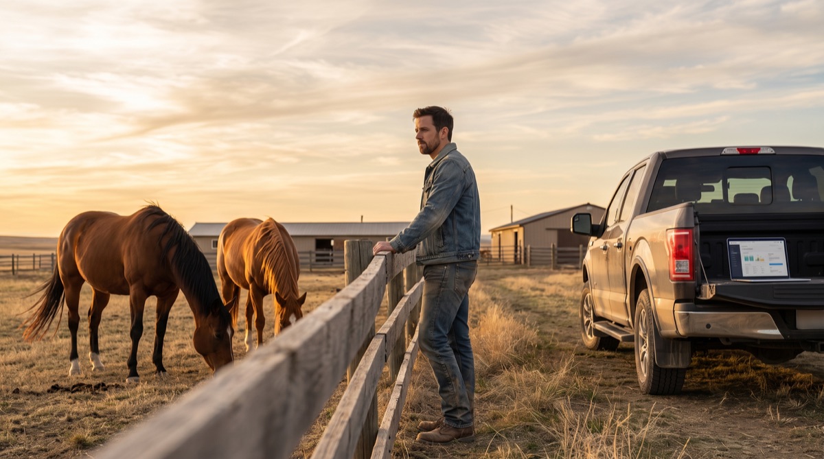 Ethan Carter steht neben seinem Truck am Tor einer Weide in Wyoming, während Pferde unter dem Frühlingshimmel grasen.