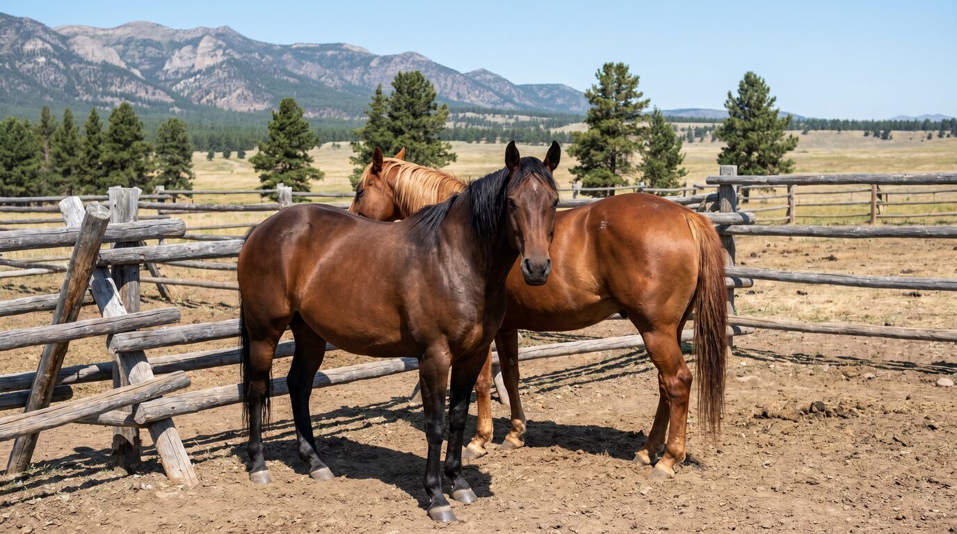 Dos caballos en un corral con las montañas Bighorn de fondo