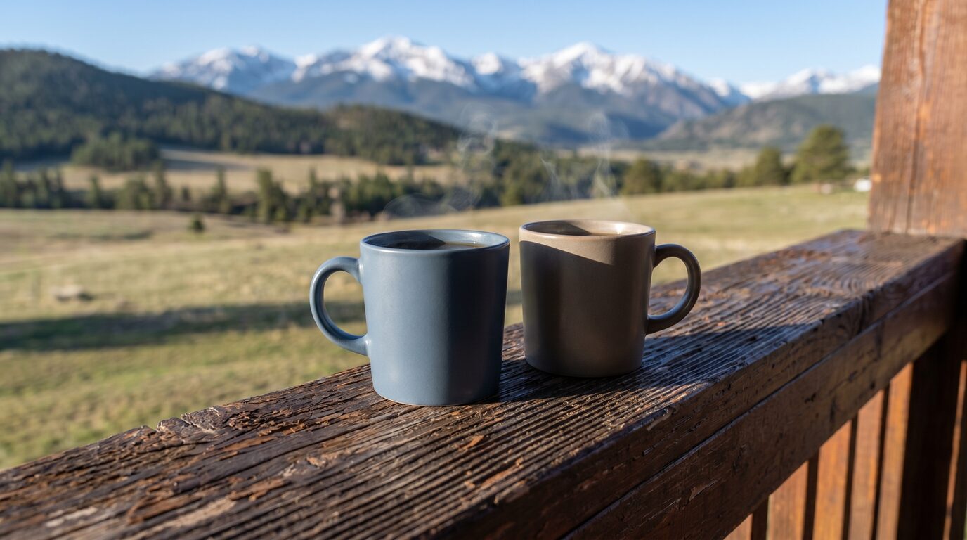 Tazas de café en el barandal de un porche con las faldas de la montaña Bighorn al fondo