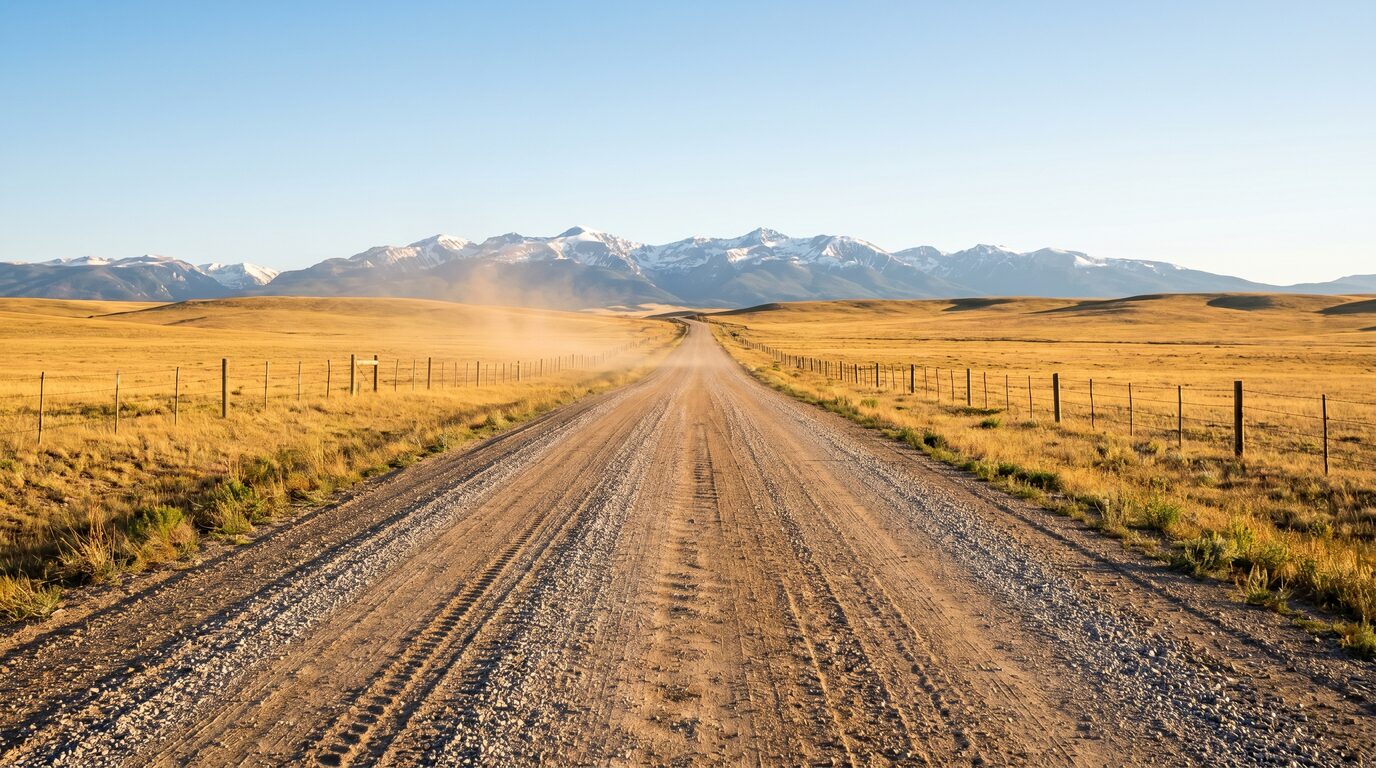 Camino de grava que conduce desde el rancho hacia las montañas Bighorn